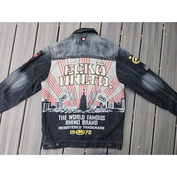 ECKO UNLTD Jacket Mens LARGE Black Patches Denim Distressed Button - Picture 1 of 14